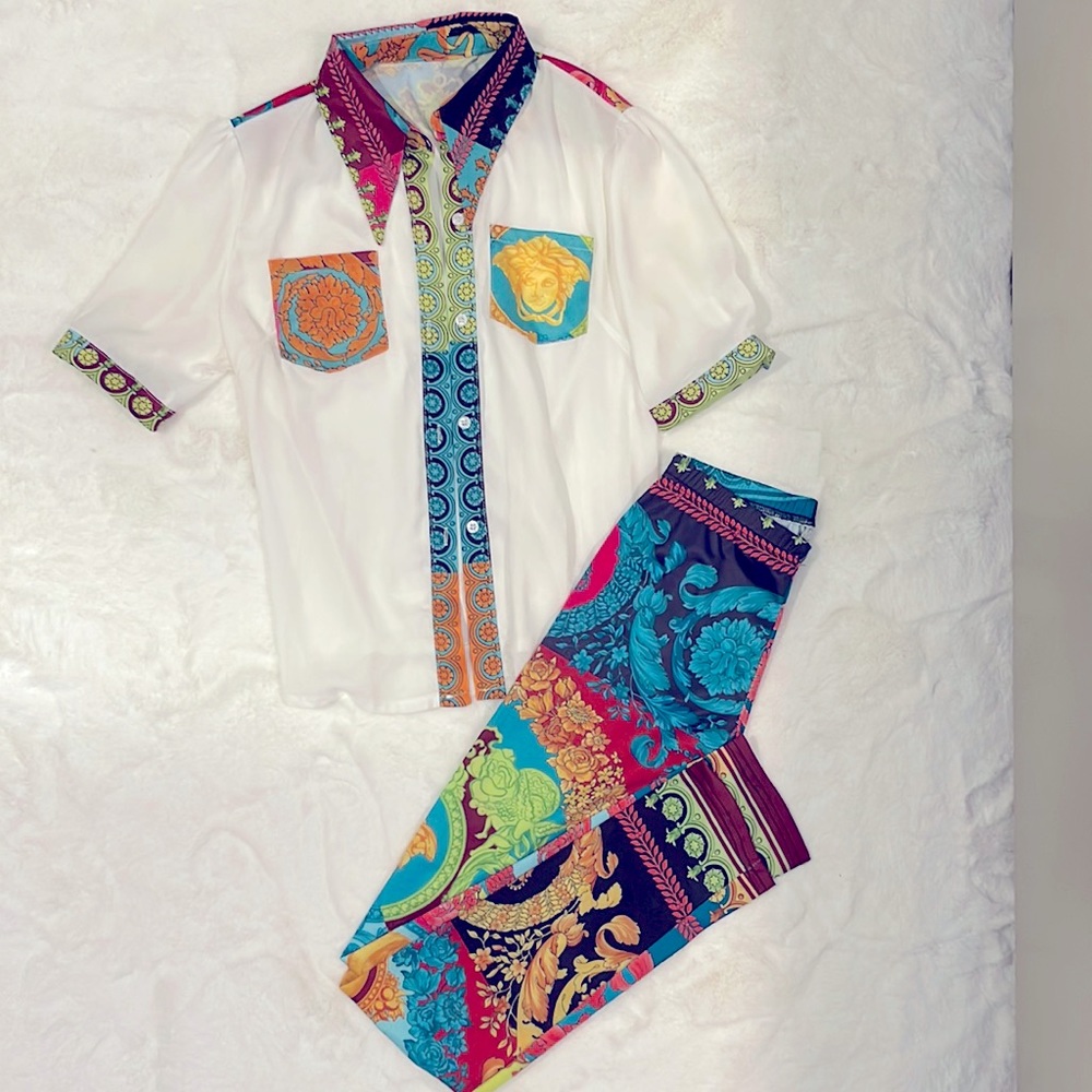 Versace day outfit, button collar top with matching leggings, size XS/S